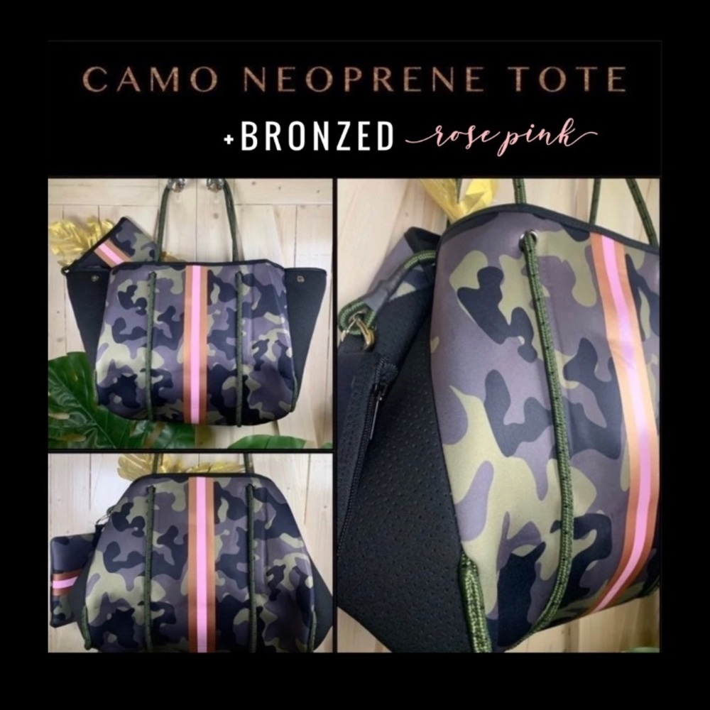 New Neoprene TOTE ( grey / green / navy ) Camo + metallic silver / bronze & pink